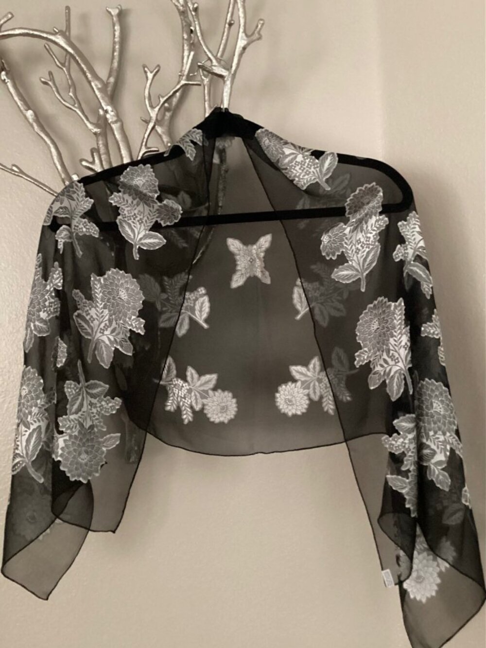 Black and silver flowered scarf, rayon and silk (46" x 19")